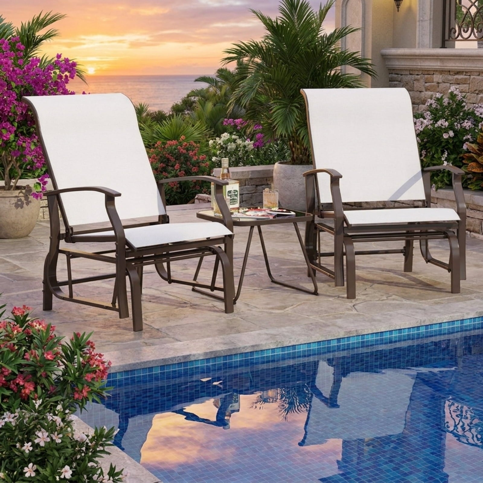 Biotree Outdoor Glider Chairs Set of 2 with Ergonomic Backrest and Seat Stackable Patio Chair for Garden BackyardBeige