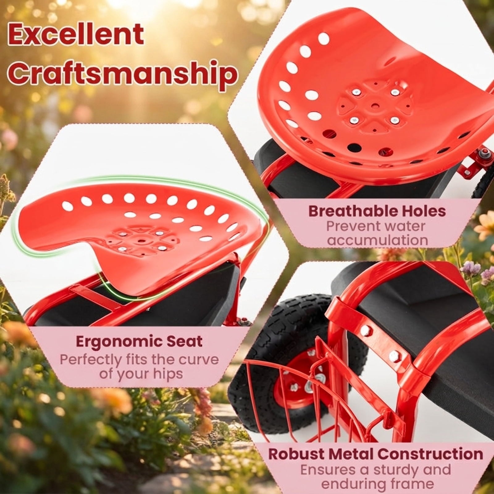 Biotree Extendable Handle Garden Cart Rolling Wagon Scooter for Garden Yard Lawn Work Outdoor, Red