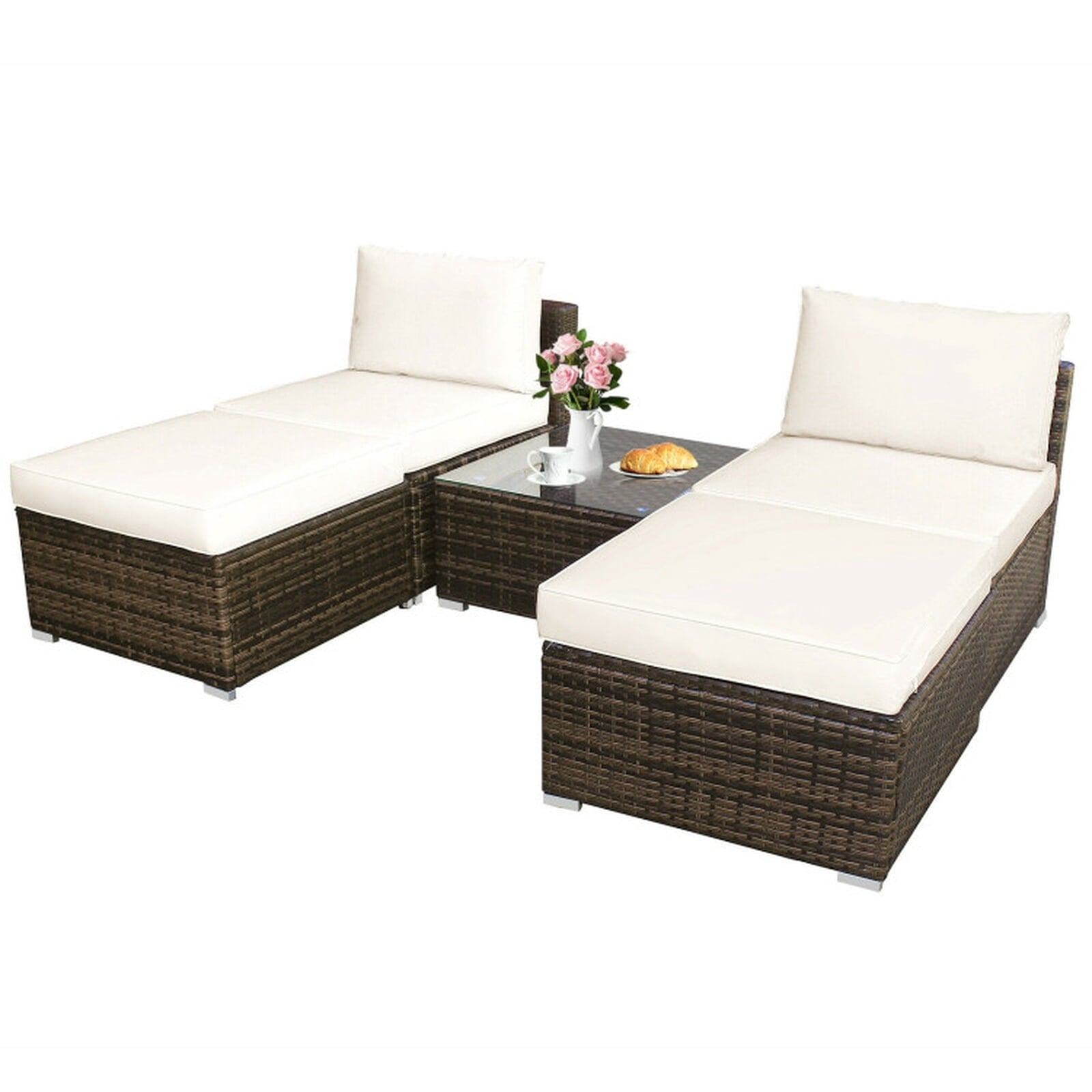 Biotree 5 Pieces Patio Rattan Furniture Set with Cushioned Armless Sofa Outdoor Conversation Set for Garden Backyard PorchWhite