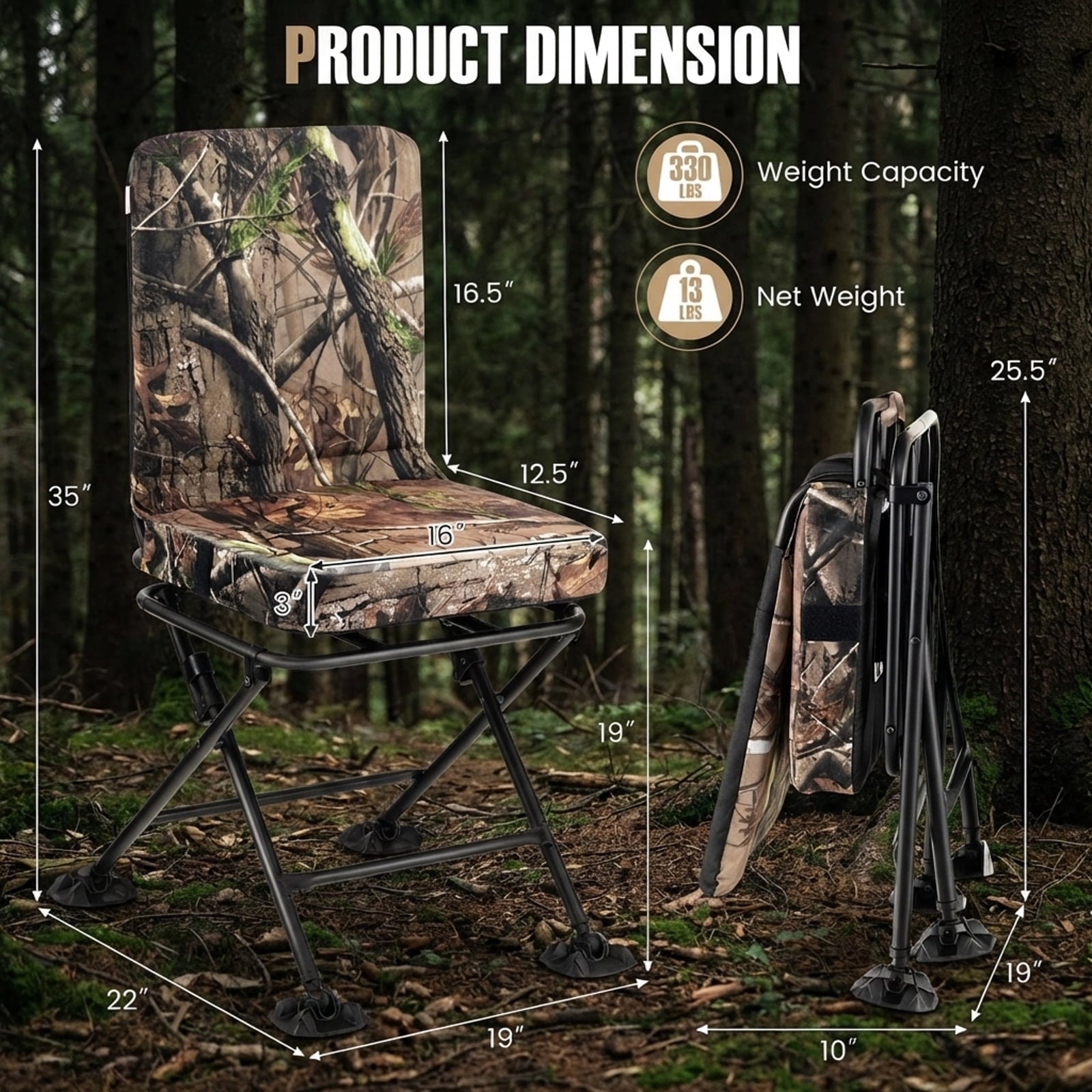 Biotree 360 Degree Swivel Folding Outdoor Chair with Padded Cushion and Adjustable Duck Feet for Hunting Camping Fishing, Camouflage
