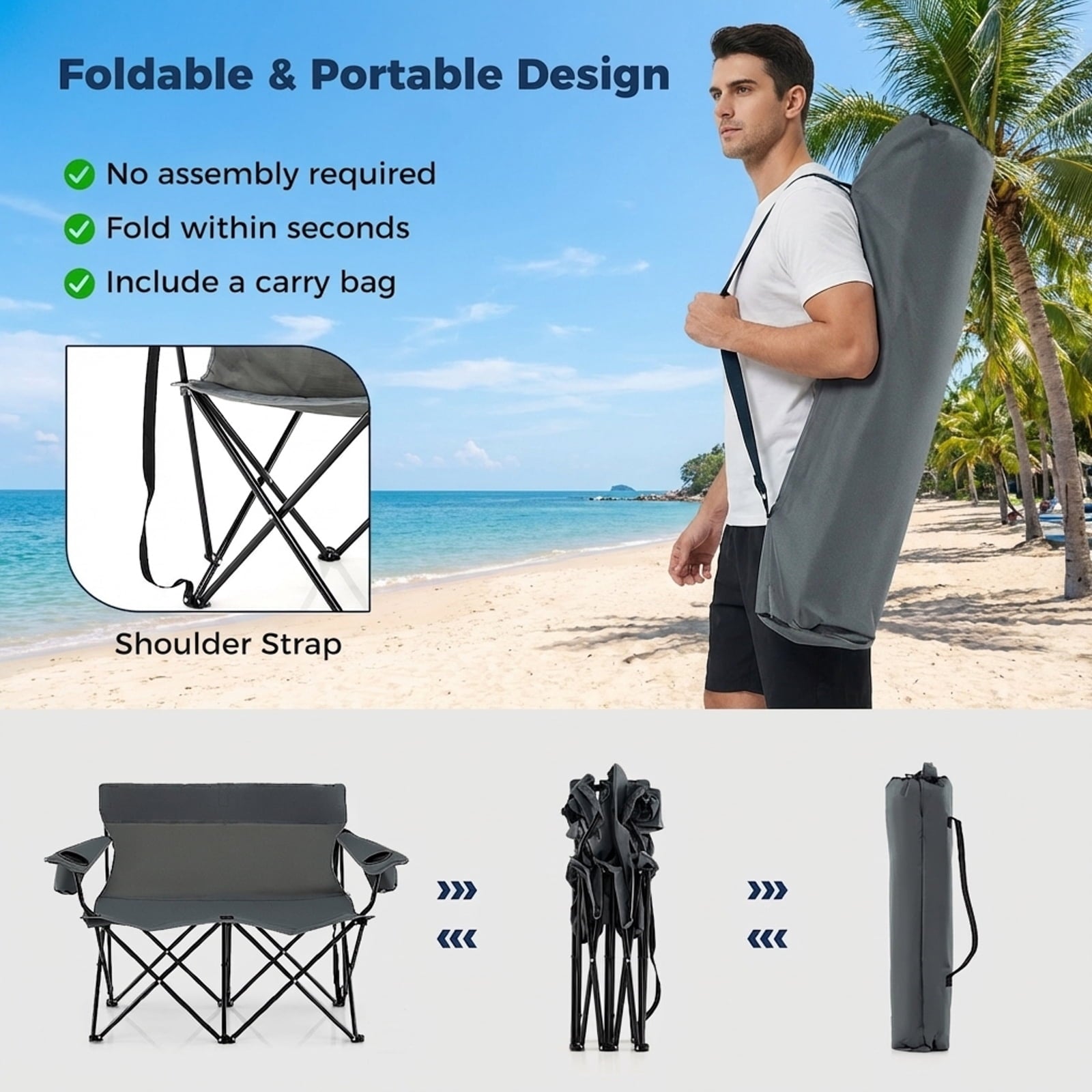 Biotree 2-Person Folding Outdoor Loveseat Camp Chair with Cup Holders Portable Double Camping Chair with Carry Bag, Gray