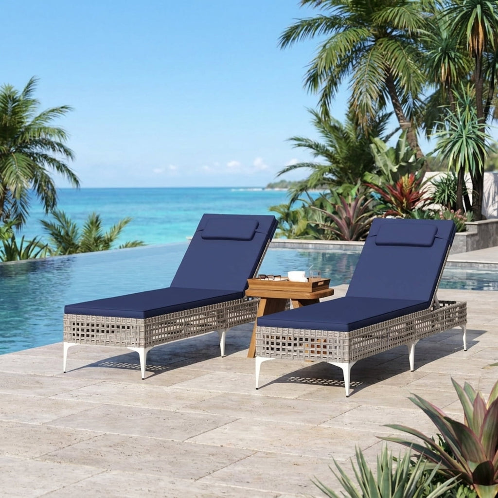 Biotree Patio Chaise Lounge Chair with 6-Level Adjustable Backrest and Headrest for Poolside Stackable Patio Chair for Garden BackyardNavy