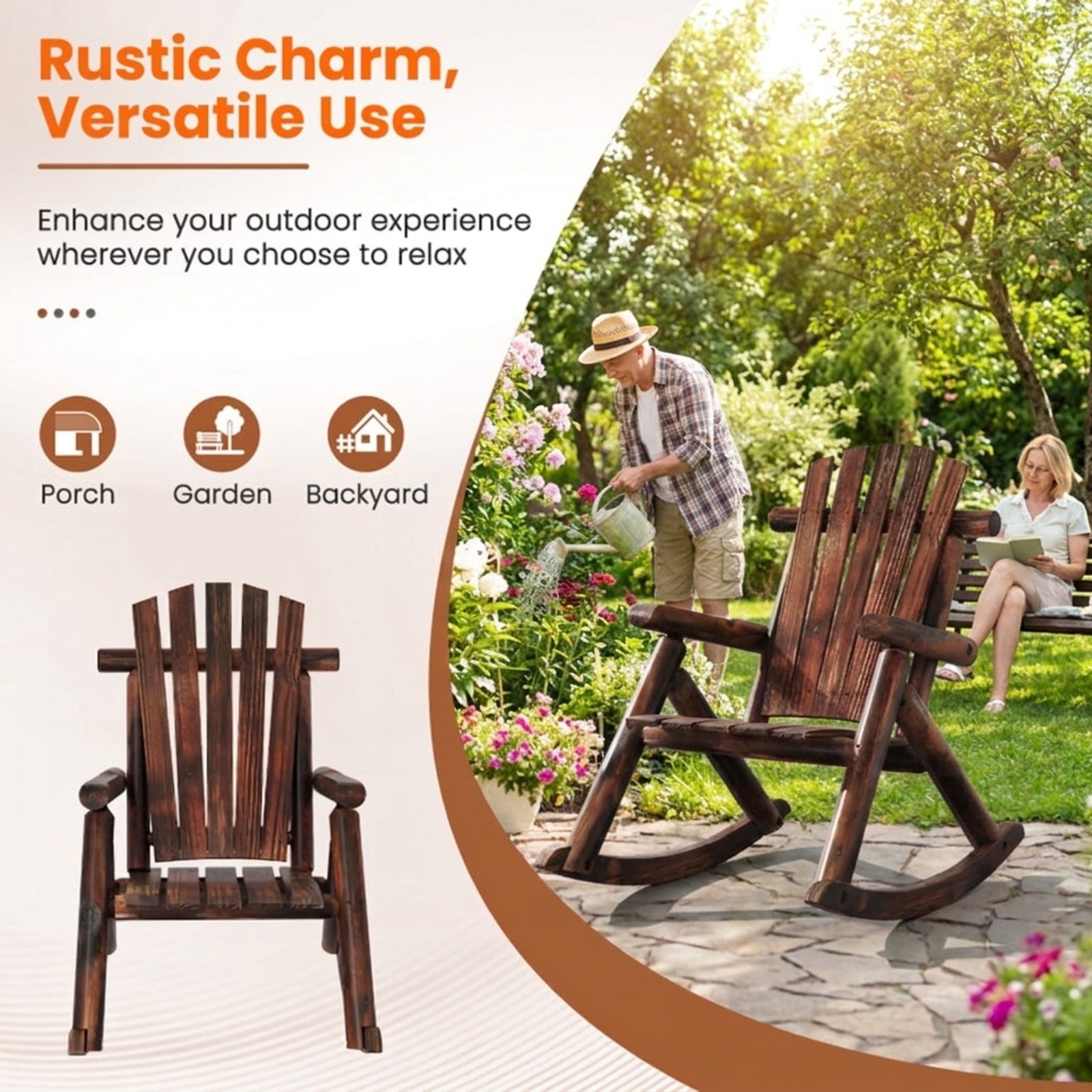 Biotree Outdoor Adirondack Rocking Chair for Adults Solid Wood Porch Rocker Stackable Patio Chair for Garden BackyardBrown