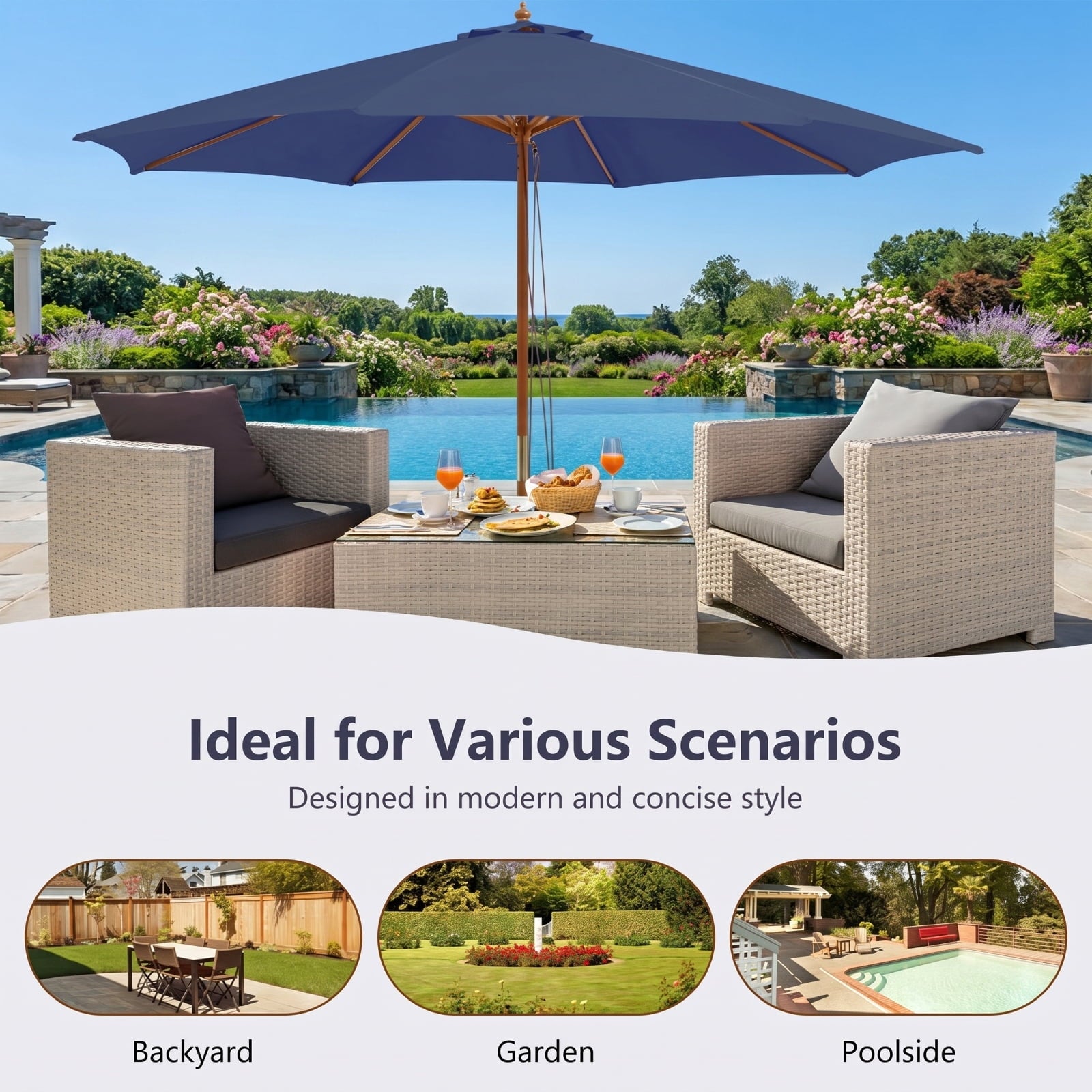 Biotree 10 ft Offset Cantilever Patio Umbrella 8 Wooden Ribs Outdoor Shade - Beige - UV Protection with Cross Base