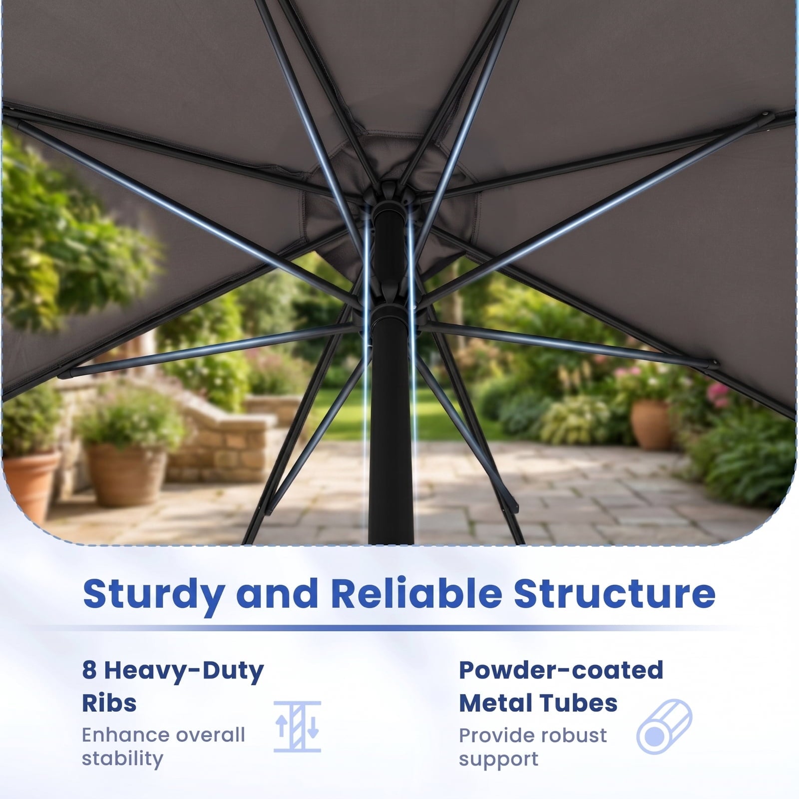 Biotree 12 ft Market Patio Umbrella with Crank and Tilt, 8 Sturdy Ribs, Vented Canopy - Gray for Backyard