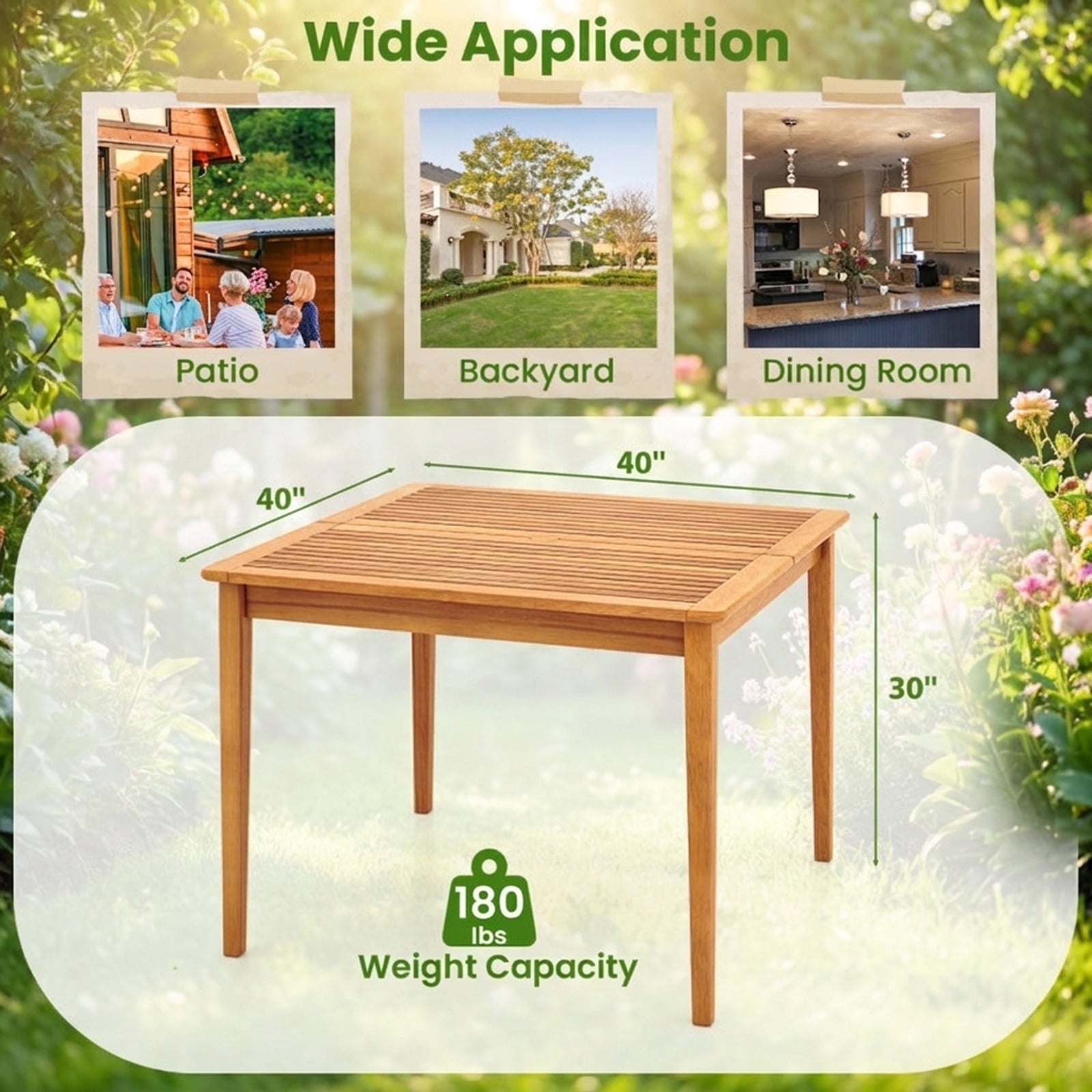 Biotree 40 Inch Acacia Wood Dining Square Bistro Table with 1.96 Inch Umbrella Hole, Natural