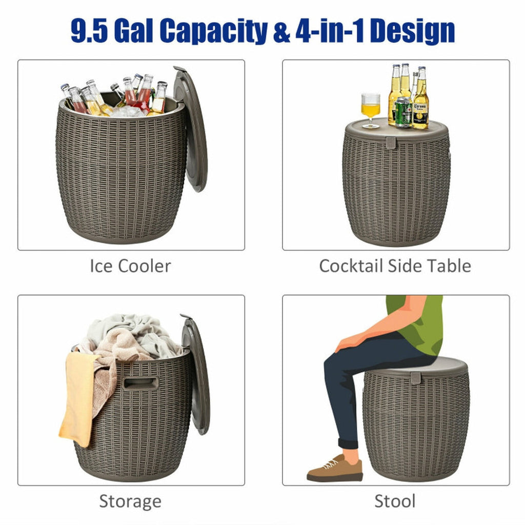 Biotree 9.5 Gallon 4-in-1 Patio Rattan Cool Bar Cocktail Table Side Table, Brown
