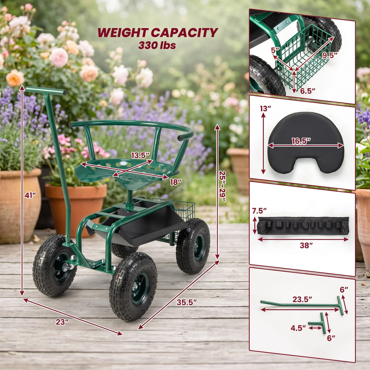 Biotree 330lbs Rolling Garden Cart with 360¡ã Height Adjustable Swivel Seat, Garden Scooter with Storage Basket, Tool Tray for Weeding Planting Gardening Green
