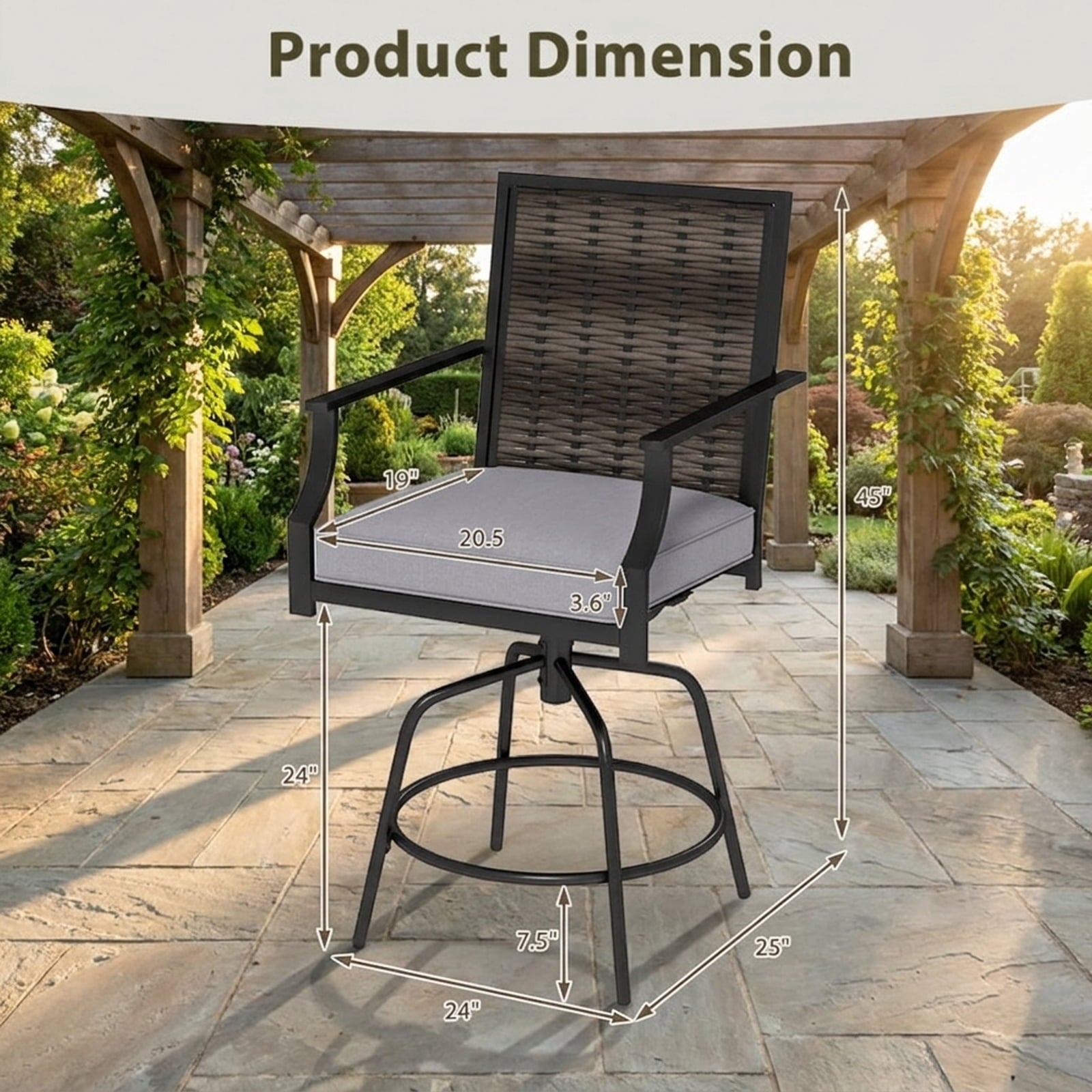 Biotree Set of 2 Outdoor PE Wicker Swivel Bar Stools 24-Inch Counter Height Patio Bar Chairs with Backrest, Grey