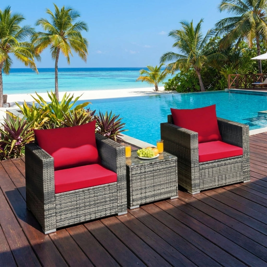 Biotree 3 Pcs Patio Rattan Furniture Bistro Sofa Set with Cushioned Outdoor Conversation Set for Garden Backyard PorchRed