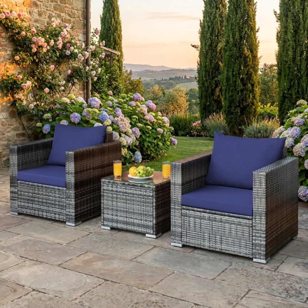 Biotree 3 Pcs Patio Rattan Furniture Bistro Sofa Set with Cushioned Outdoor Conversation Set for Garden Backyard PorchNavy