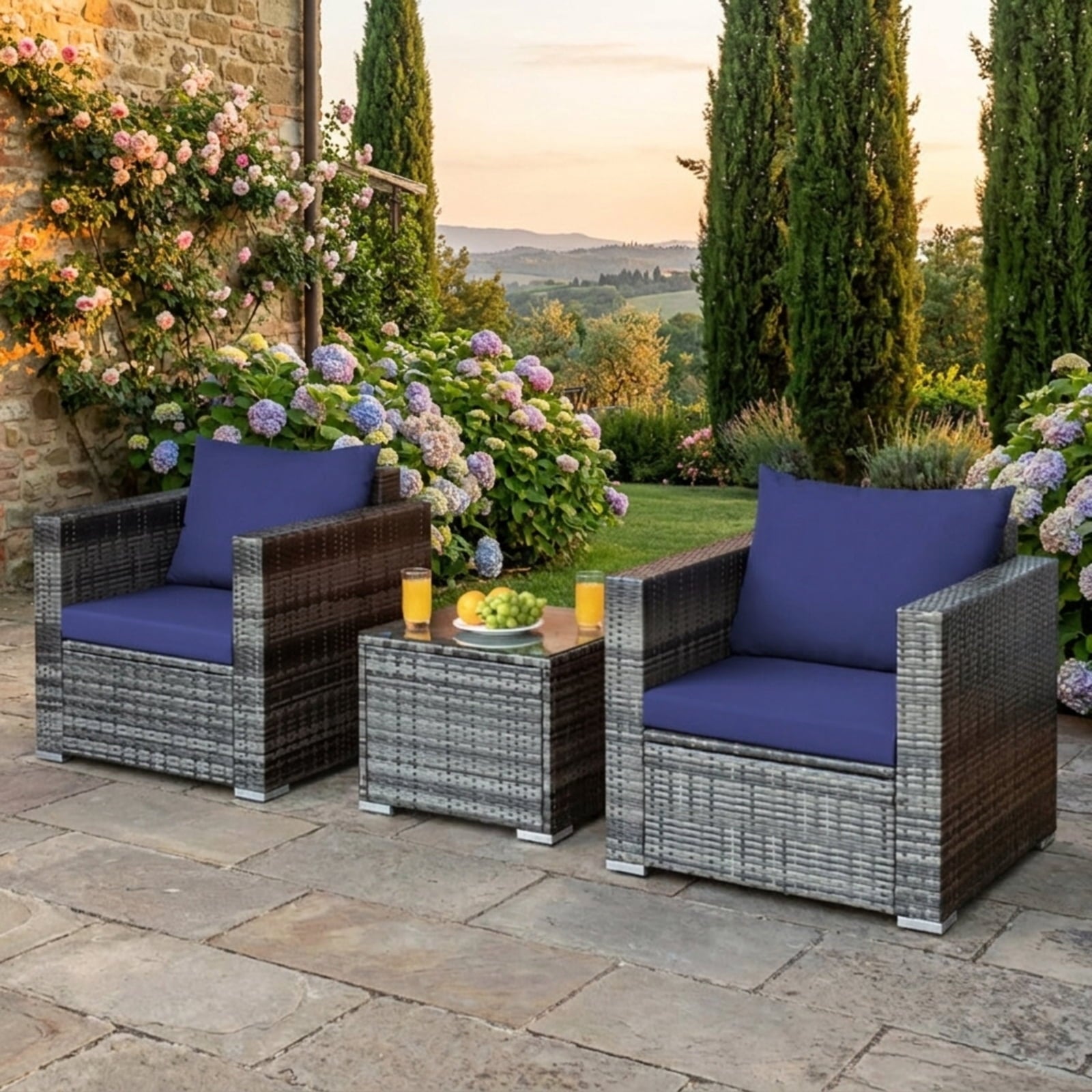 Biotree 3 Pcs Patio Rattan Furniture Bistro Sofa Set with Cushioned Outdoor Conversation Set for Garden Backyard PorchNavy