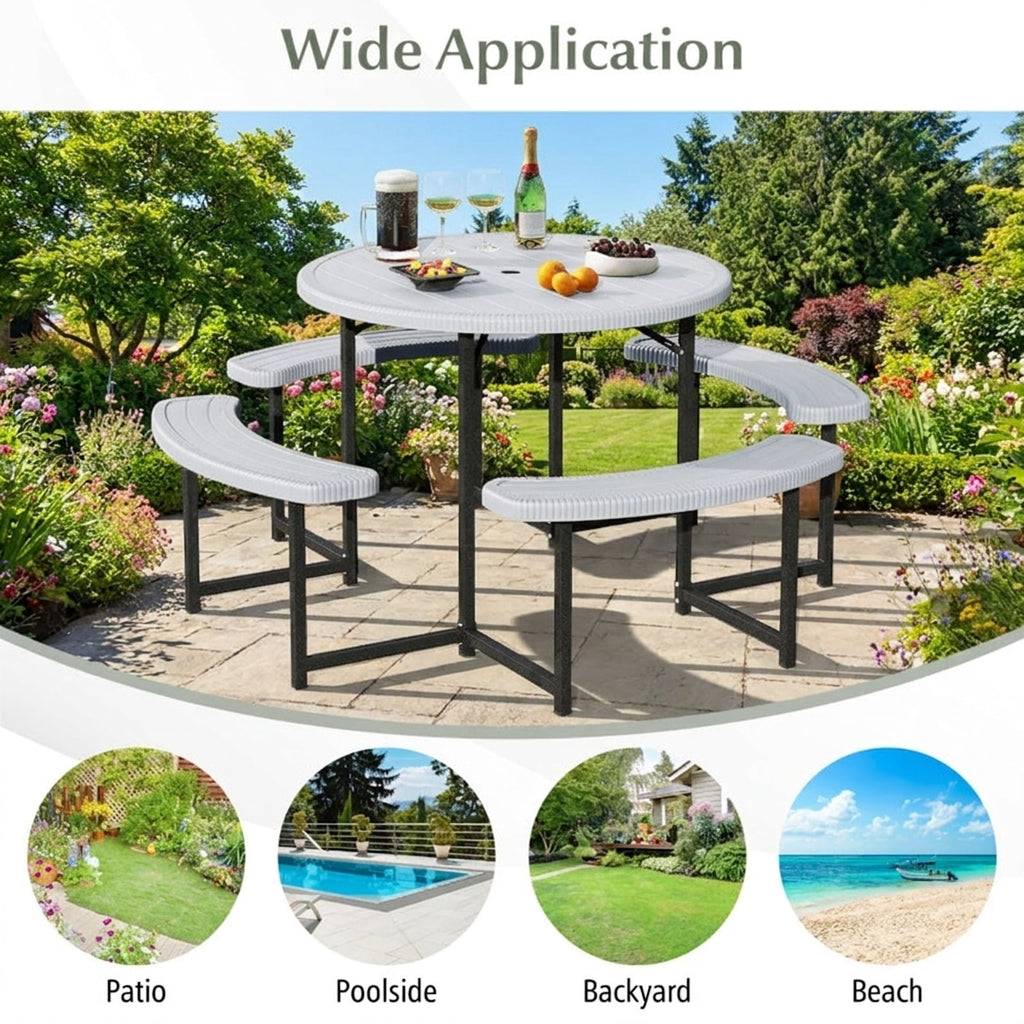 Biotree 62-Inch Round Picnic Table Bench Set with 4 Benches and Umbrella Hole for Patio Lawn, White