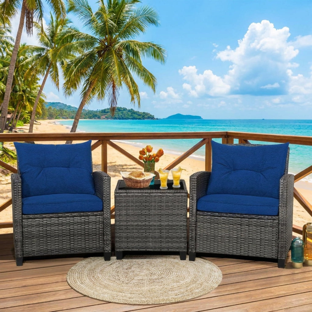 Biotree 3 Pieces Outdoor Wicker Conversation Set with Tempered Glass Tabletop Outdoor Conversation Set for Garden Backyard PorchNavy