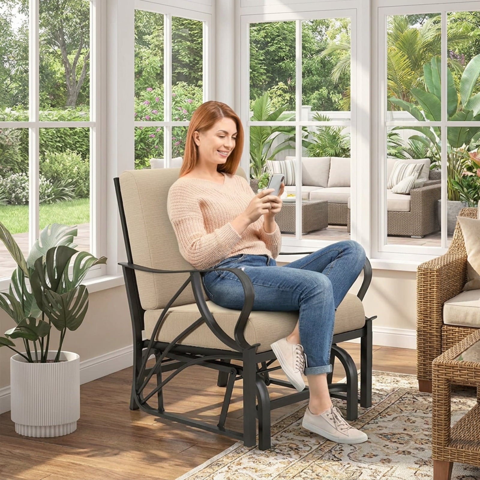 Biotree Patio Glider Rocking Chair with Thick Cushion and Curved Armrest Stackable Patio Chair for Garden BackyardTan