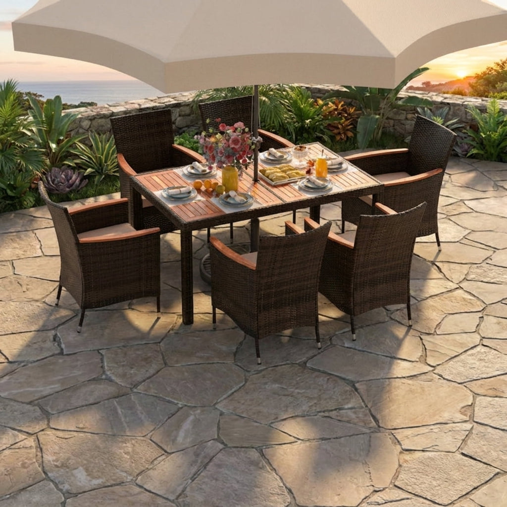 Biotree 7 Pieces Garden Dining Patio Rattan Set with Cushions for Backyard Outdoor Conversation Set for Garden Backyard PorchBrown