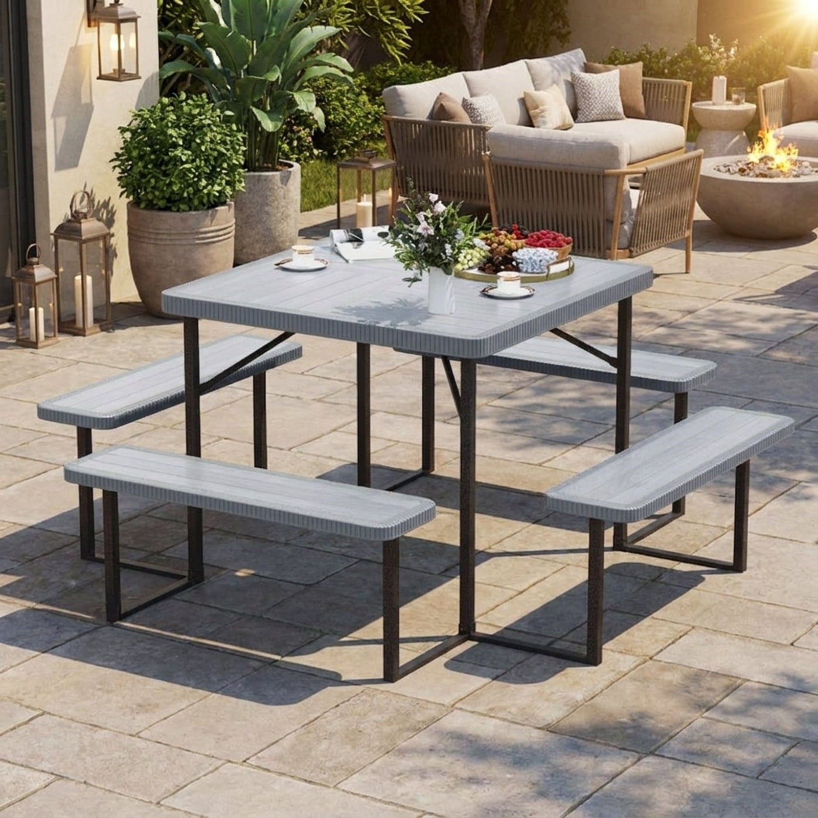 Biotree 63-Inch Outdoor Square Picnic Table Bench Set for 4-8 People with Umbrella Hole, Gray