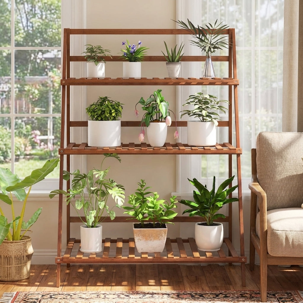 Biotree 3-Tier Bamboo Plant Stand Foldable Ladder Shelf Indoor Outdoor Flower Pot Display Rack Natural