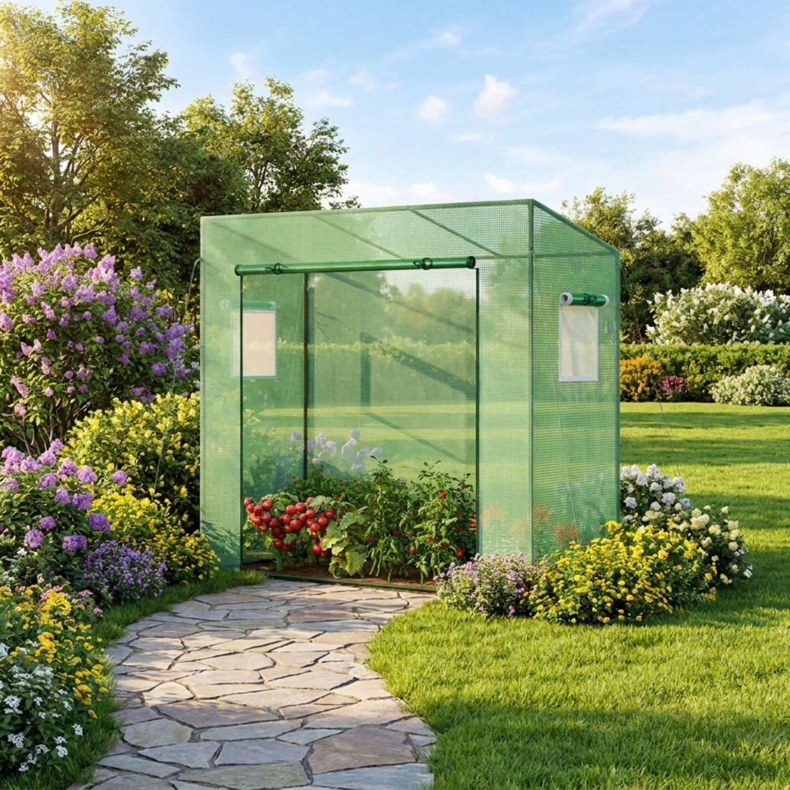 Biotree Outdoor Portable Walk-in Greenhouse with PE Cover Heavy-Duty Metal Frame Roll for Outdoor Garden Backyard Patio Vegetables Flowers, Green