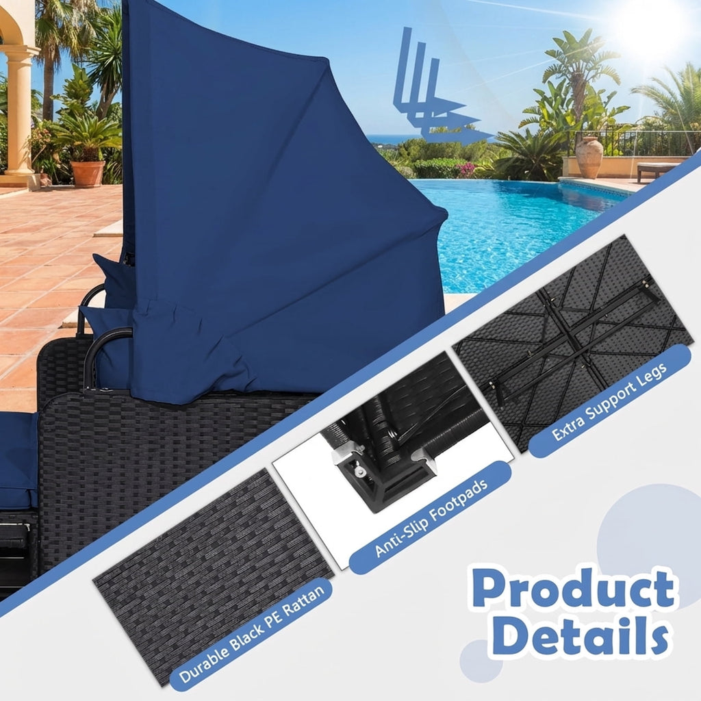 Biotree Patio Rattan Daybed with Retractable Canopy-Navy