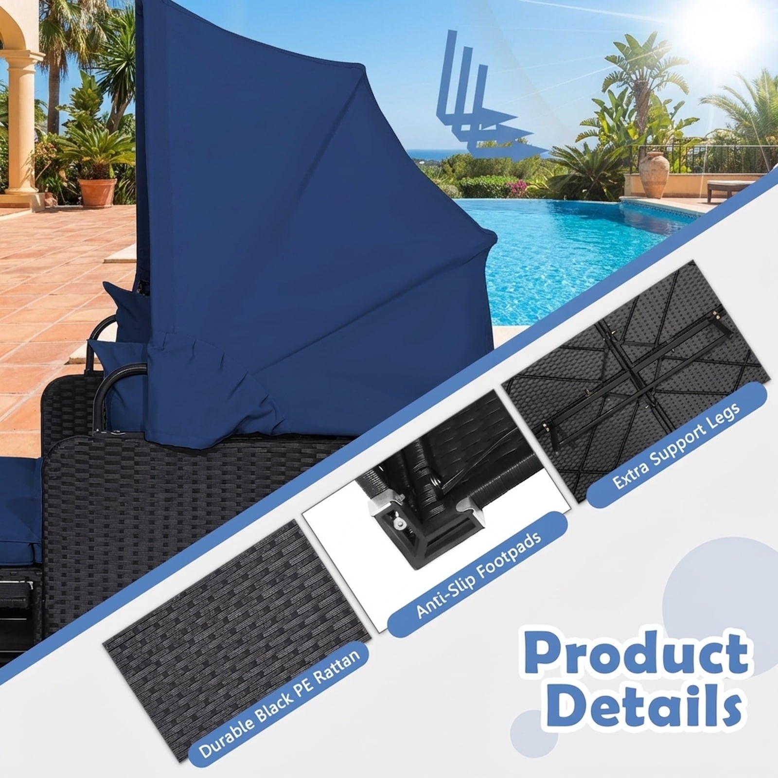 Biotree Patio Rattan Daybed with Retractable Canopy-Navy