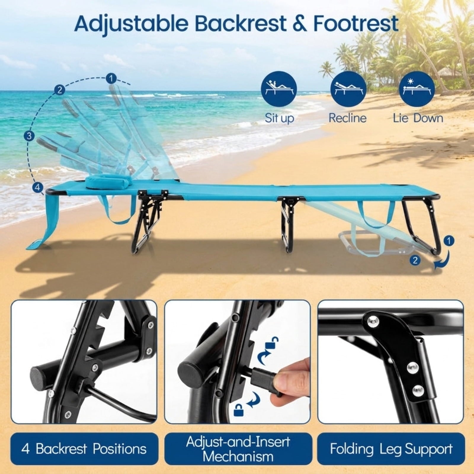 Biotree Beach Chaise Lounge Chair with Face Hole and Removable Pillow Stackable Patio Chair for Garden BackyardTurquoise