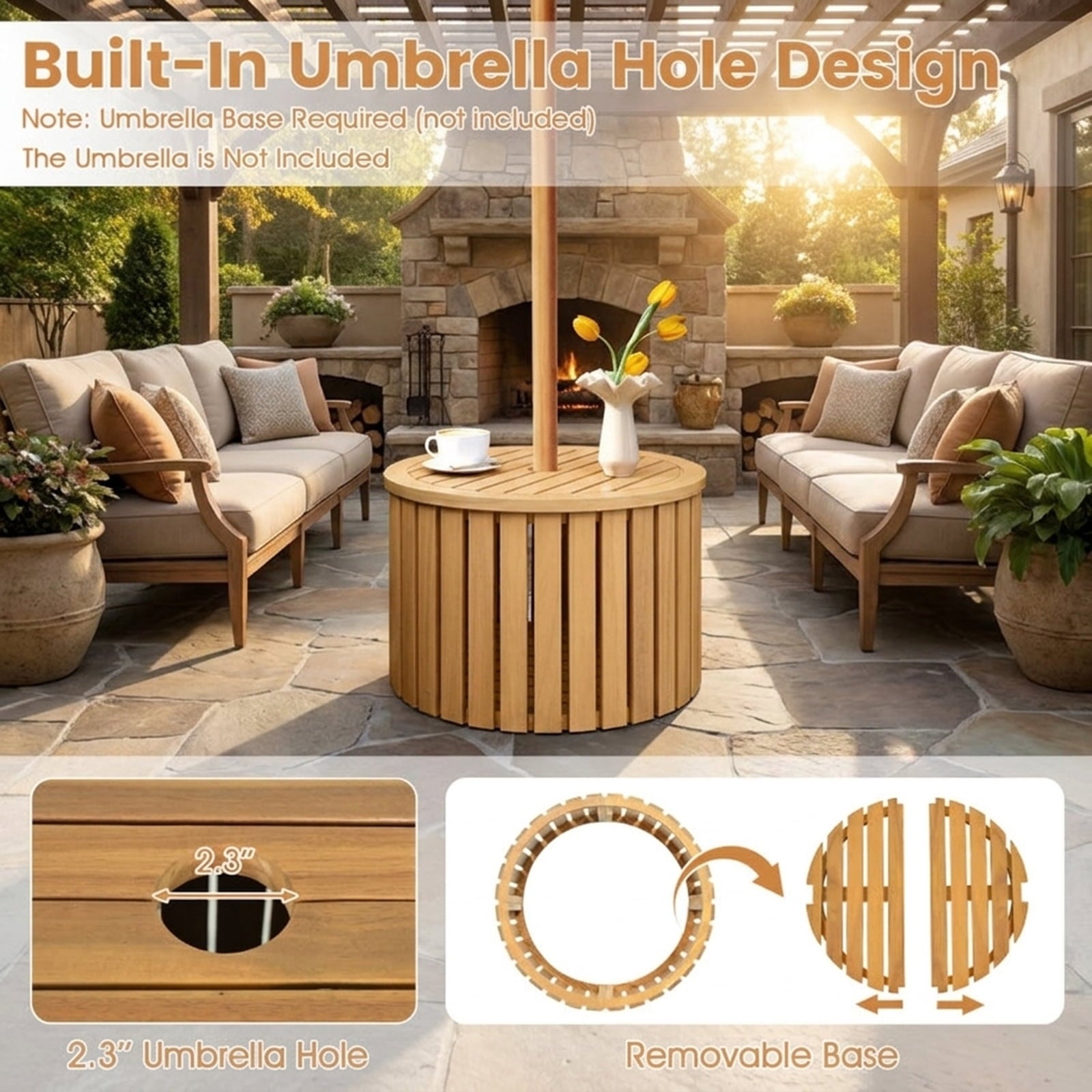 Biotree 2-in-1 Outdoor Side Table with Storage Acacia Wood Slatted Coffee Table Round Slatted End Storage Box with 2.3" Umbrella Hole, Natural