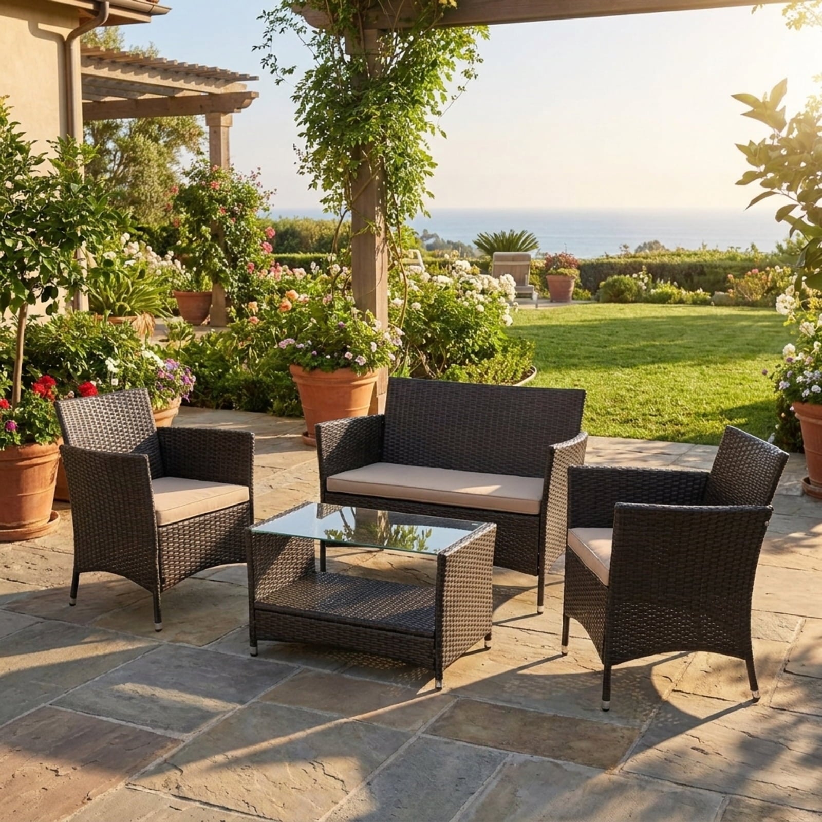 Biotree 4 Pieces Patio Conversation Set with Soft Cushions and Tempered Glass Tabletop Outdoor Conversation Set for Garden Backyard PorchMix Brown