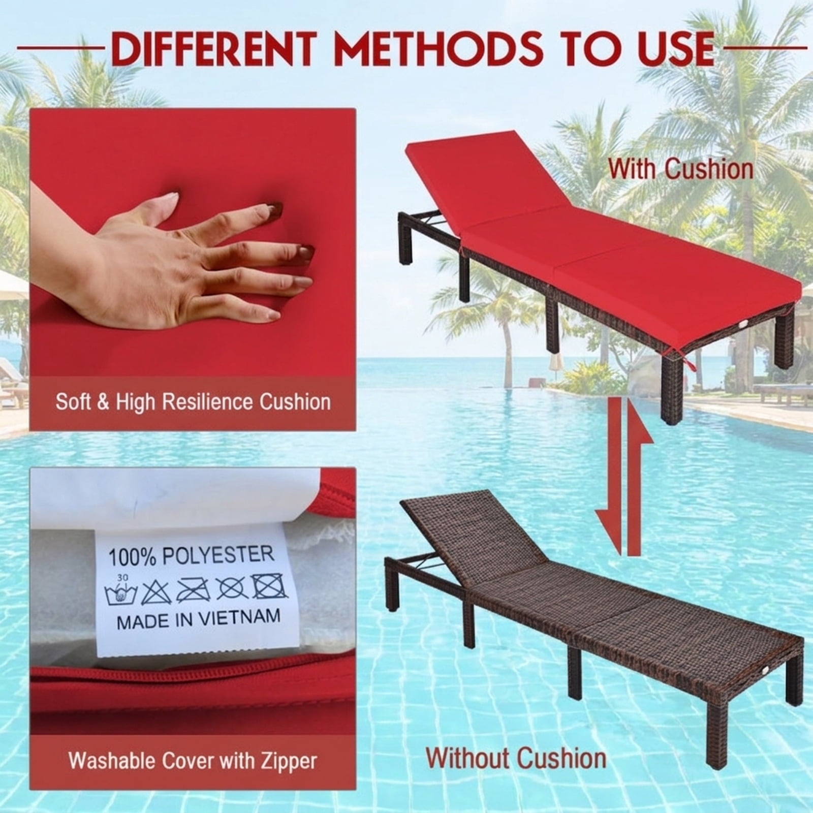 Biotree Outdoor Rattan Adjustable Cushioned Chaise Stackable Patio Chair for Garden BackyardRed