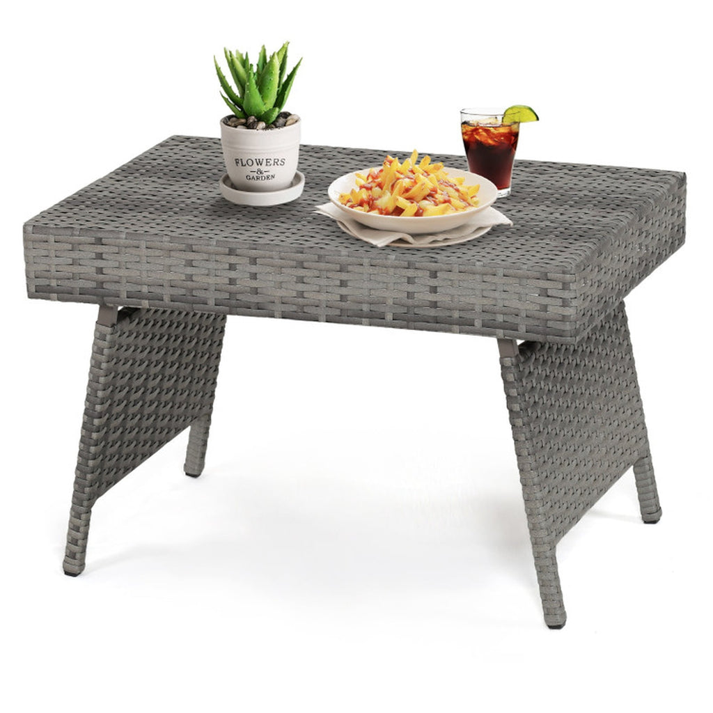 Biotree Folding PE Rattan Side Coffee Table Patio Garden Furniture, Gray
