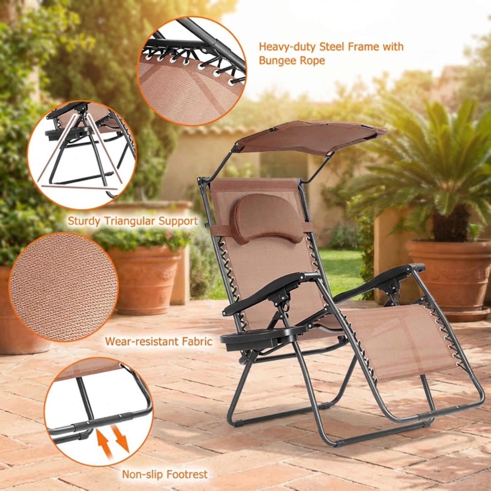 Biotree Folding Recliner Lounge Chair with Shade Canopy Cup Holder Stackable Patio Chair for Garden BackyardBrown