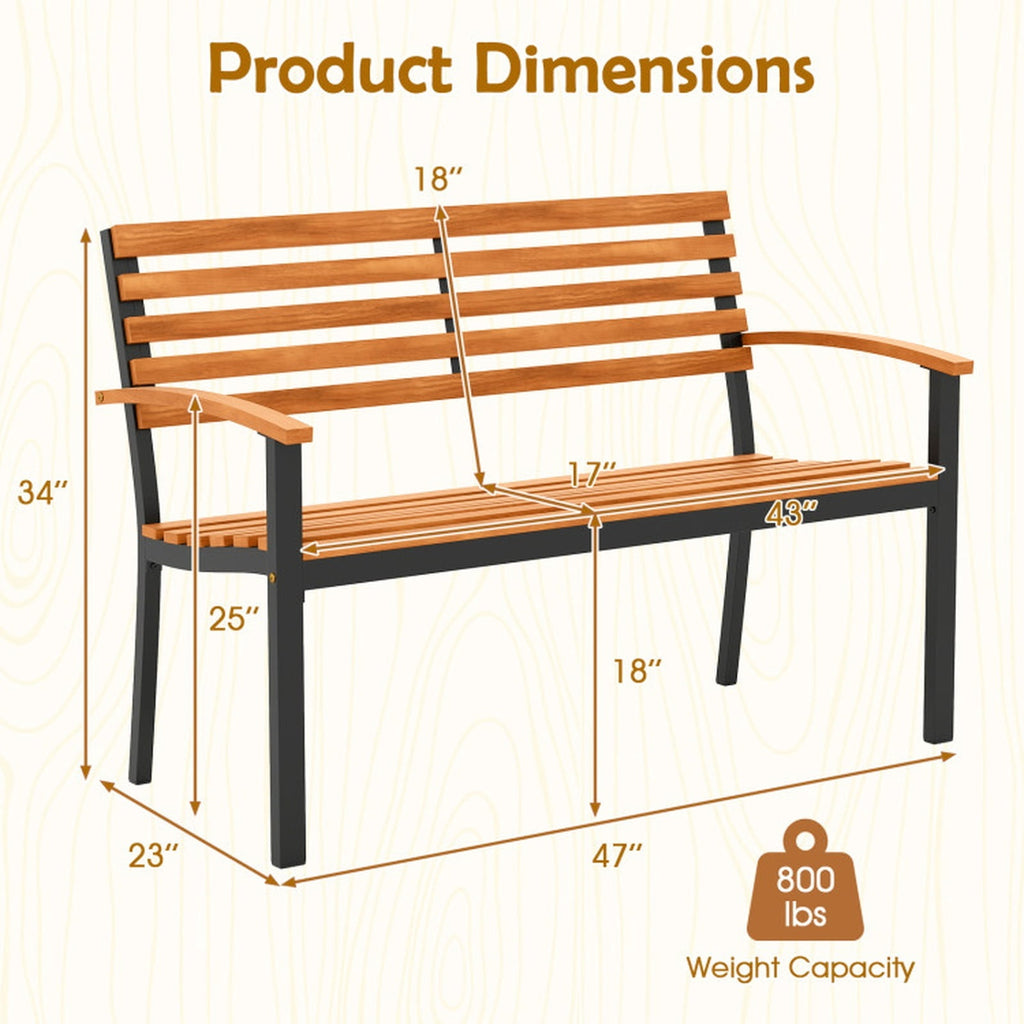 Biotree Outdoor Bench Acacia Wood Patio Loveseat with Backrest Armrests Stackable Patio Chair for Garden BackyardBlack + Natural