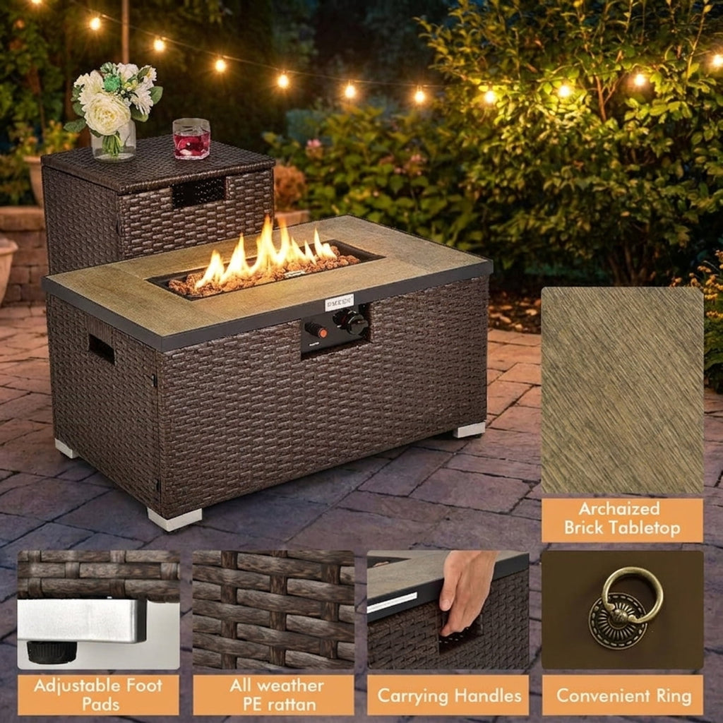 Biotree 32 x 20 Inch Propane Rattan Fire Pit Table Set with Side Table Tank and Cover for Outdoor Patio Backyard Garden Camping, Brown