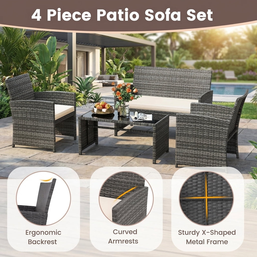 Biotree 4-Piece Patio Rattan Loveseat and Table Set-Off White