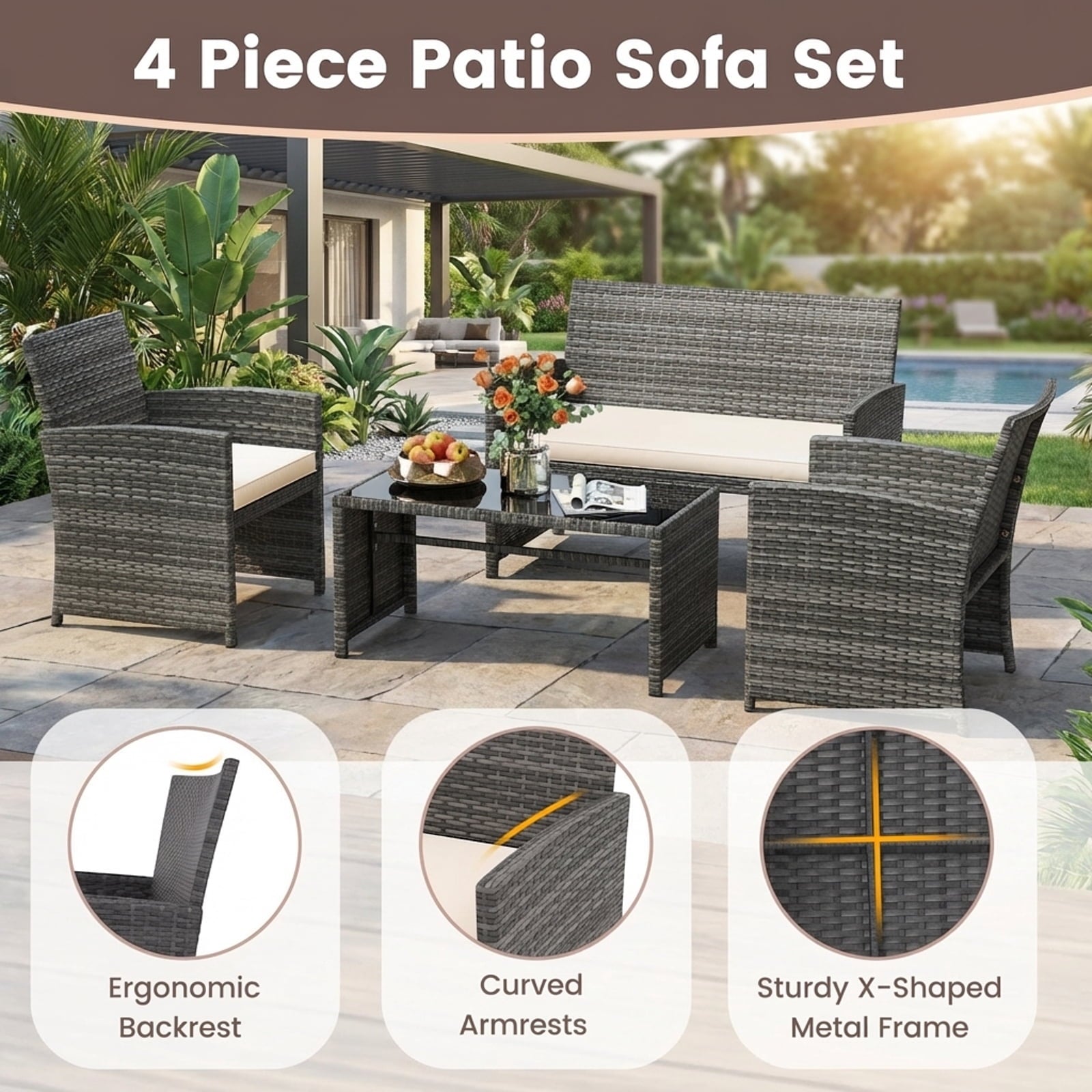 Biotree 4-Piece Patio Rattan Loveseat and Table Set-Off White