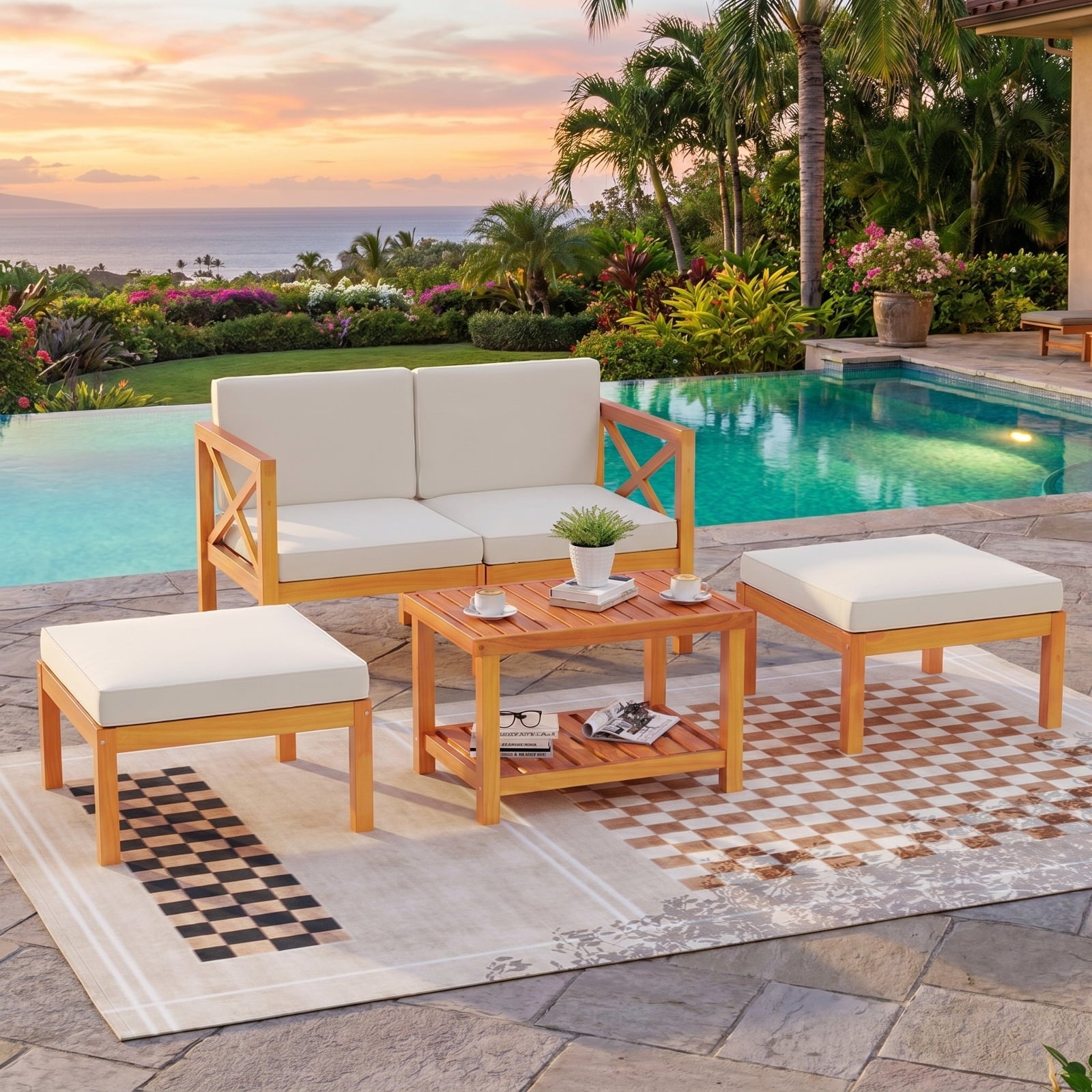 Biotree 4 Pieces Wicker Furniture Set with Acacia Wood Tabletop and Armrests for Porch Outdoor Conversation Set for Garden Backyard PorchWhite
