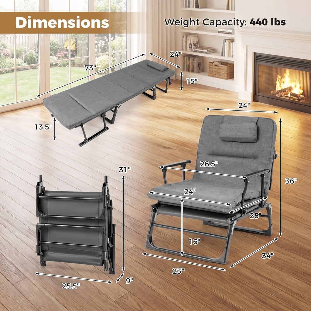 Biotree Folding Camping Cot with Mattress 3 in 1 Convertible Single Sofa and Outdoor Chaise Lounge Chair Sleeper for Backyard and Patio, Gray