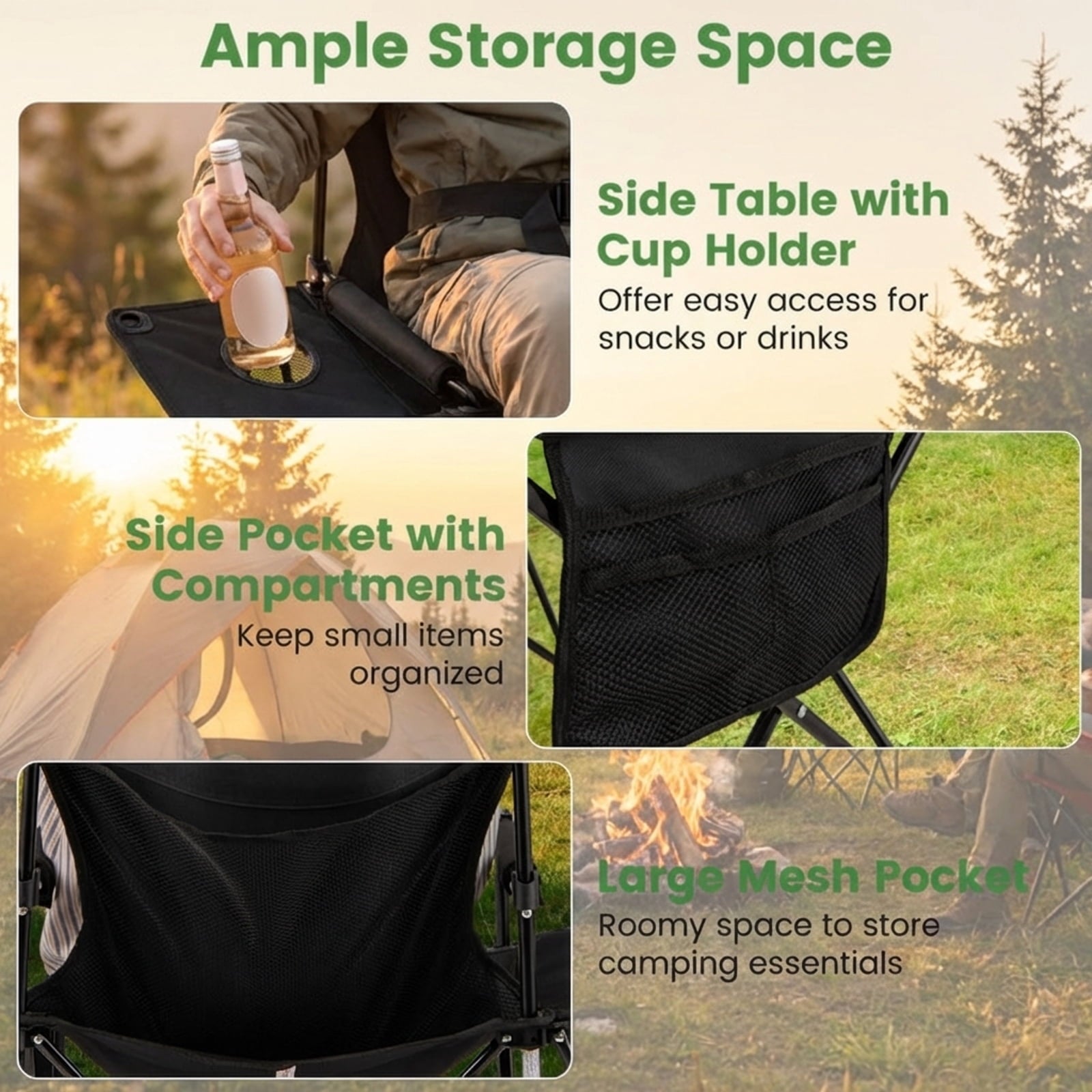 Biotree Heavy Duty Oversized Folding Camping Chair with Side Table and Storage Pockets Portable Outdoor Chair for Adults, Black