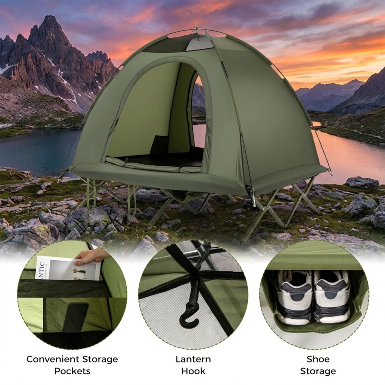 Biotree 2-Person Foldable Off-Ground Camping Cot Tent with Pop Up Shelter and Wheeled Carry Bag, Green