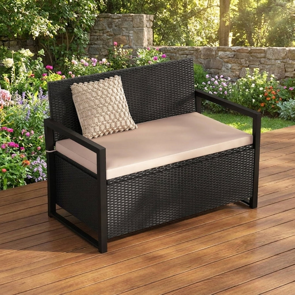 Biotree Patio Storage Bench Outdoor Wicker Loveseat with Built-in 40-Gallon Weatherproof Storage and Cushion , Brown