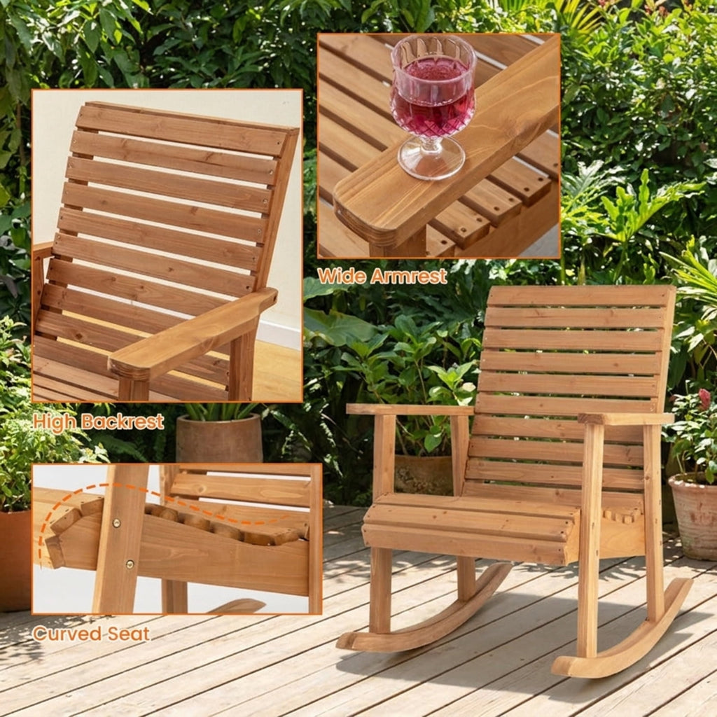 Biotree Outdoor Fir Wood Rocking Chair with High Backrest Stackable Patio Chair for Garden BackyardBrown