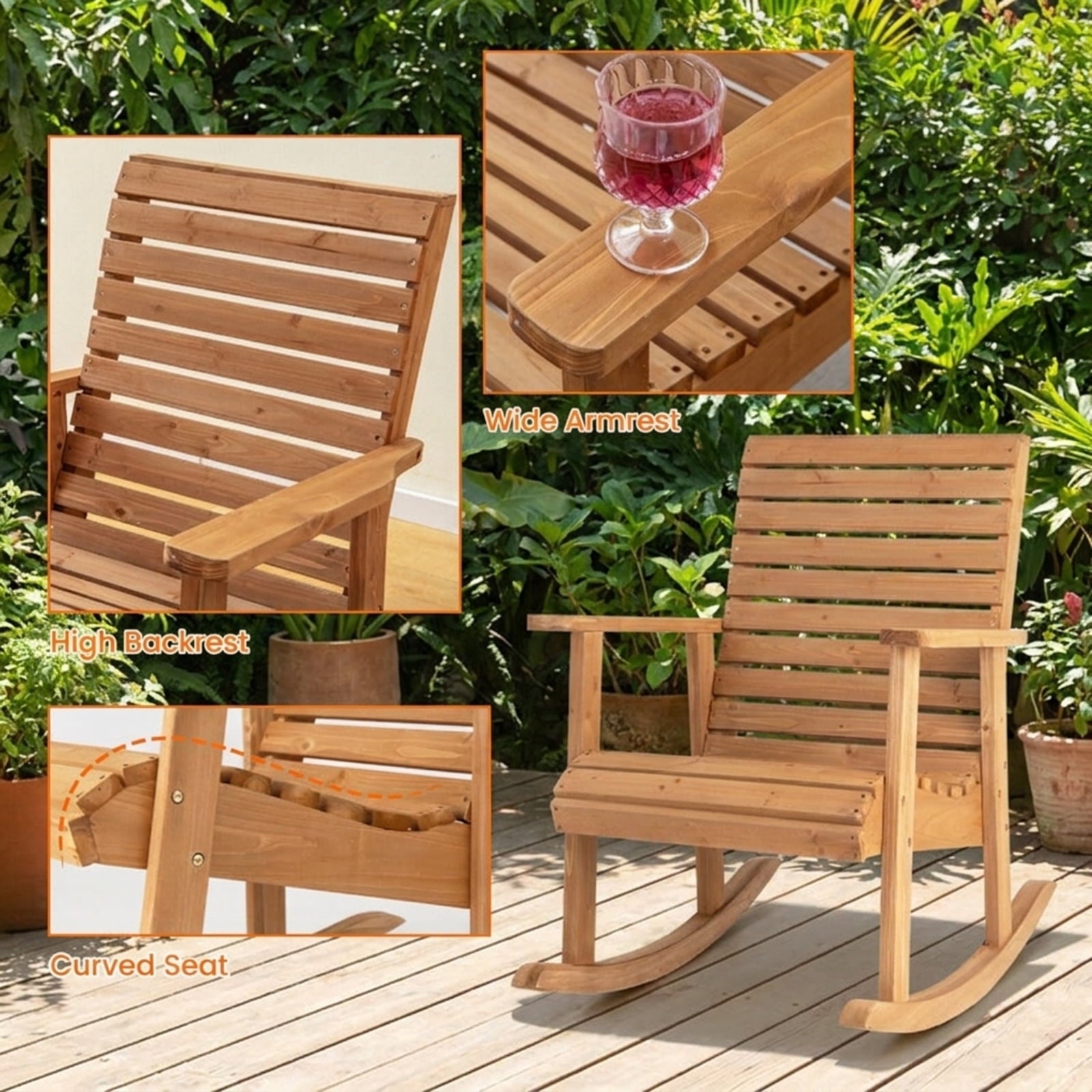 Biotree Outdoor Fir Wood Rocking Chair with High Backrest Stackable Patio Chair for Garden BackyardBrown