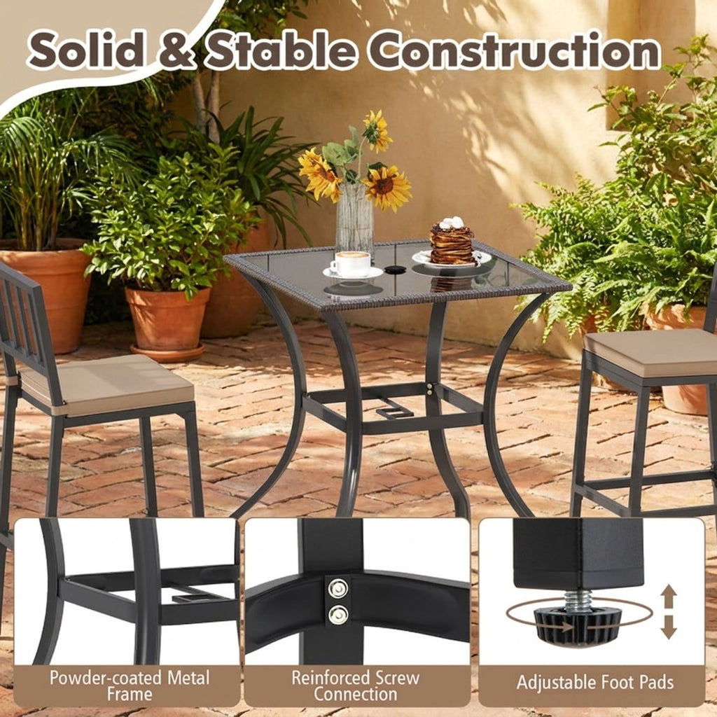 Biotree Outdoor Patio Square Bar Table with Glass Top and PE Rattan Edging, Brown - Outdoor Bar Height Dining Table for Patio Deck