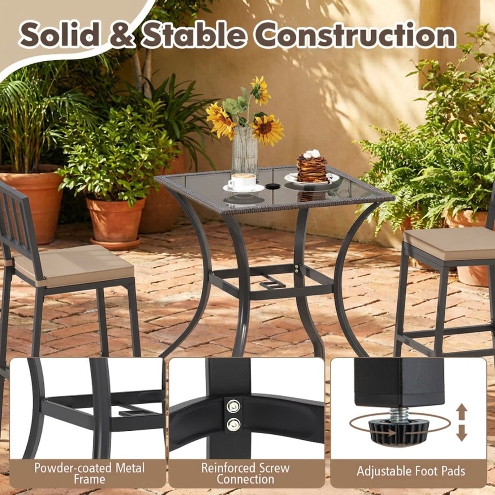 Biotree Outdoor Patio Square Bar Table with Glass Top and PE Rattan Edging, Brown - Outdoor Bar Height Dining Table for Patio Deck