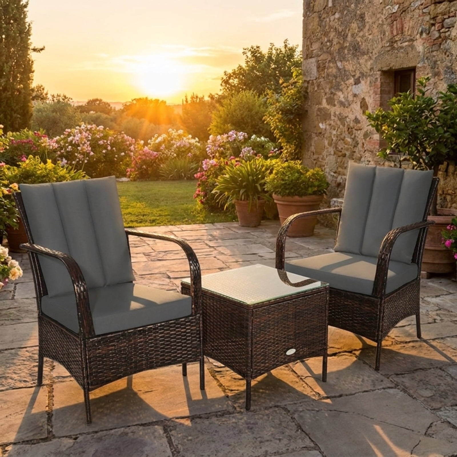 Biotree 3 Pcs Patio Conversation Rattan Furniture Set with Glass Top Coffee Table and CushionsGray