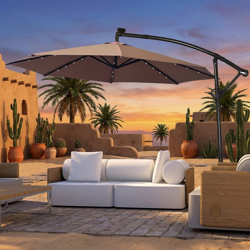 Biotree 10 ft 360¡ã Rotation Solar Powered LED Patio Offset Umbrella without Weight Base-Tan Outdoor Backyard