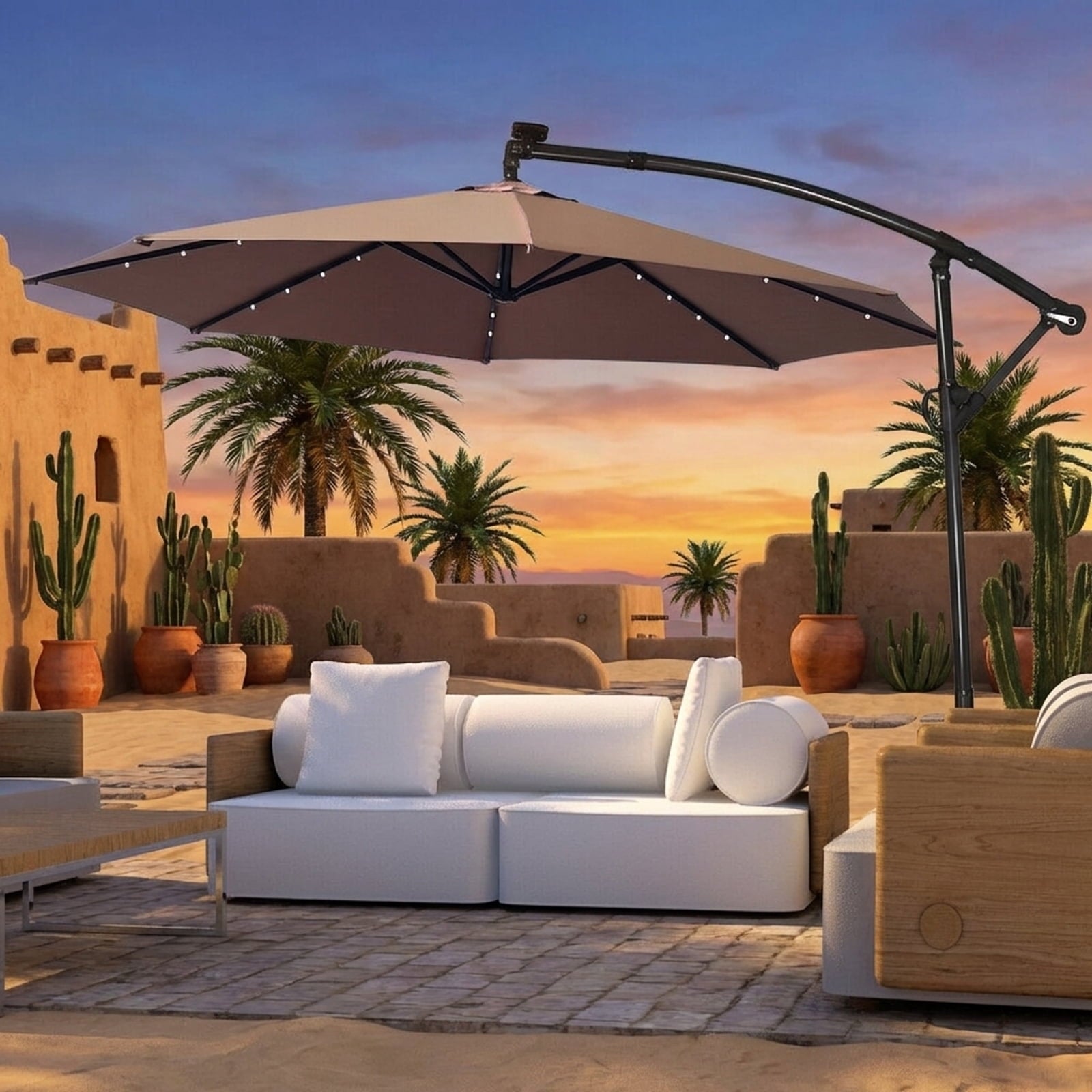 Biotree 10 ft 360¡ã Rotation Solar Powered LED Patio Offset Umbrella without Weight Base-Tan Outdoor Backyard