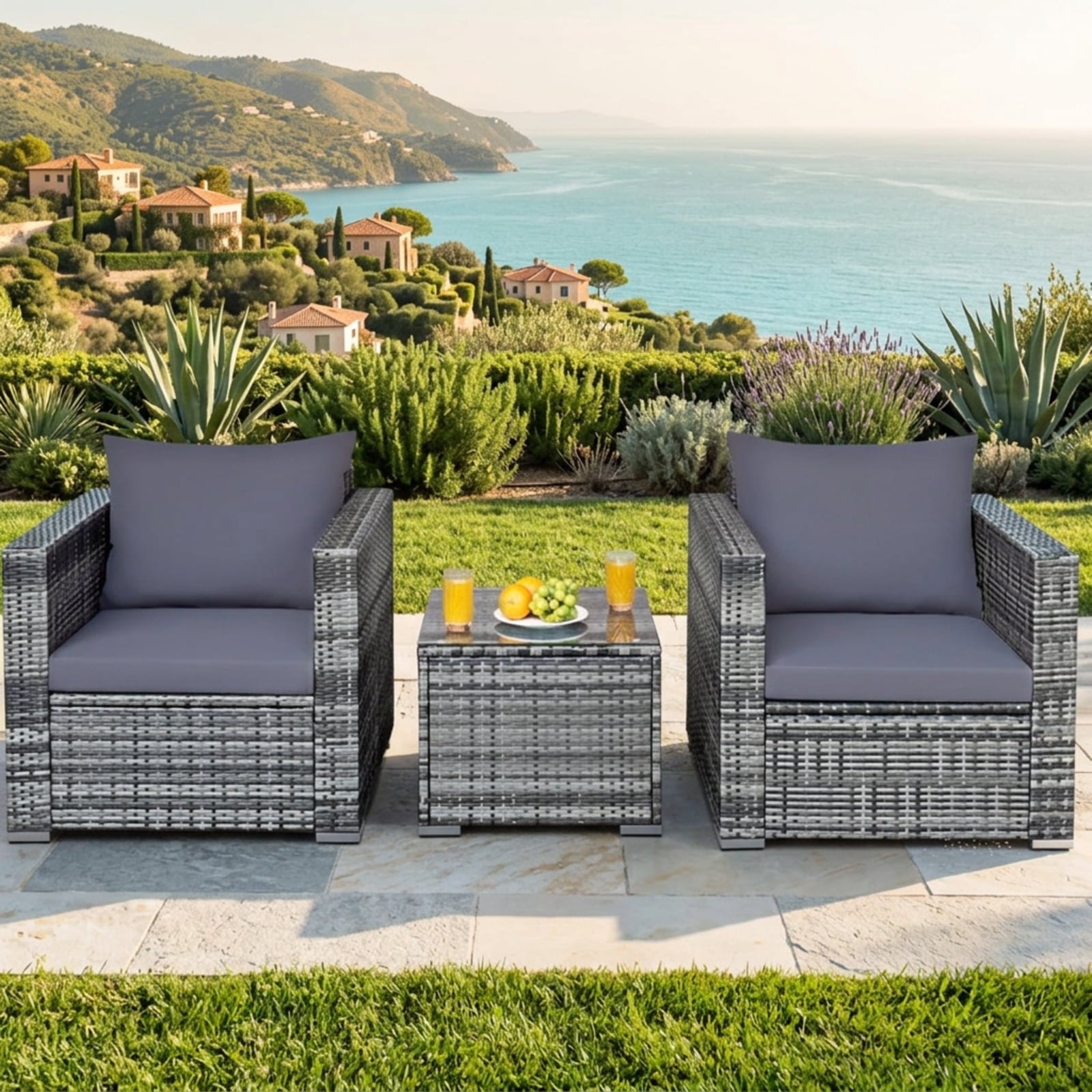 Biotree 3 Pcs Patio Rattan Furniture Bistro Sofa Set with Cushioned Outdoor Conversation Set for Garden Backyard PorchGray