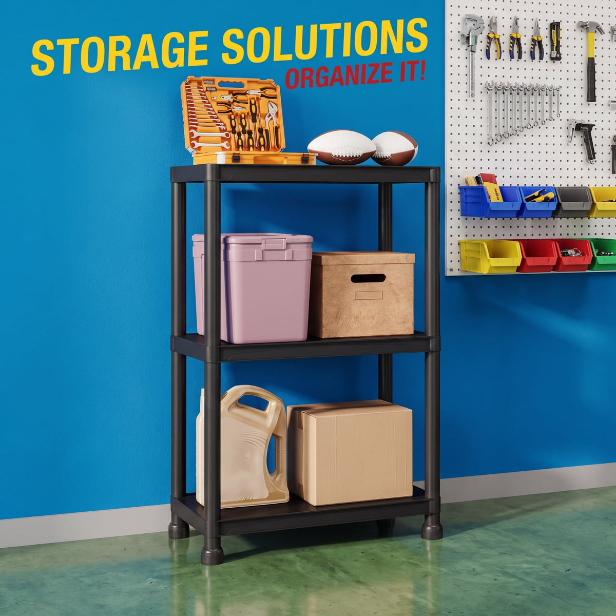 Biotree 3-Tier Plastic Storage Shelving Unit, 24 x 12.5 x 37 Inch Freestanding Heavy Duty Garage Shelf, 100 Lbs per Shelf, Black