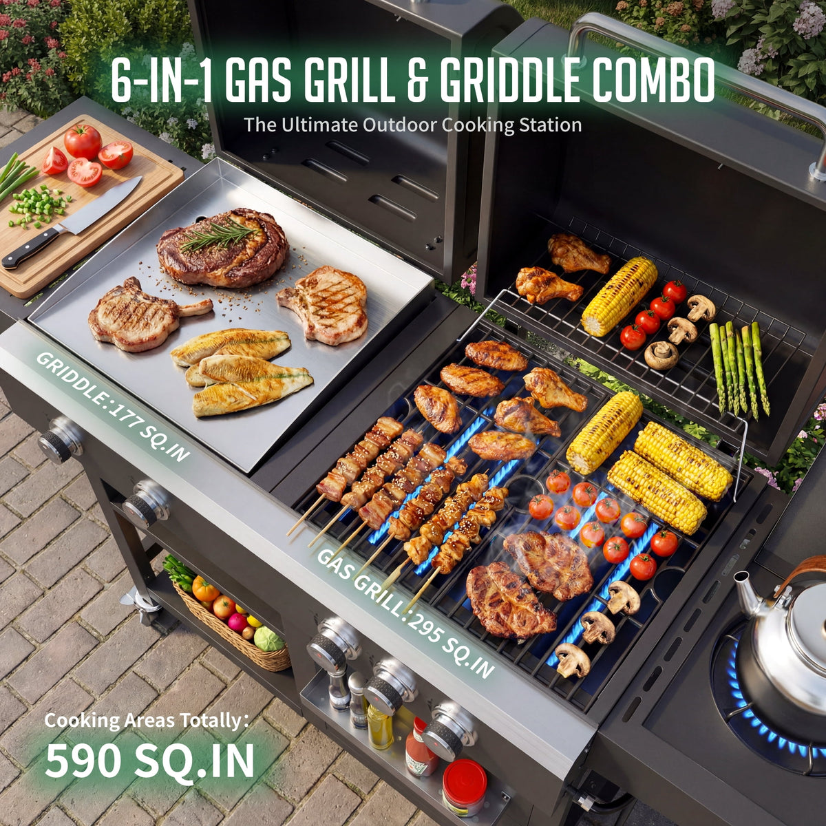 Biotree 5-Burner Propane Gas Grill and Griddle Combo, 54,000 BTU Dual Fuel BBQ Grill with Side Burner for Backyard, Patio Outdoor Cooking & Entertaining